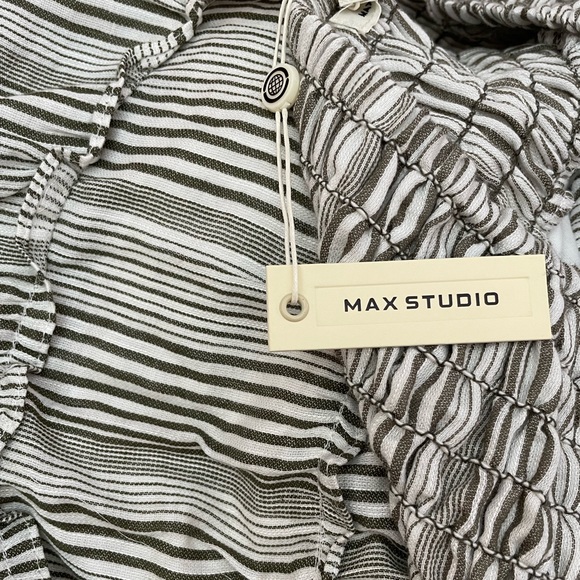 Max Studio Skirt Olive Striped Tiered Midi Green Gray Smocked Waist E-waist NWT - Picture 6 of 10